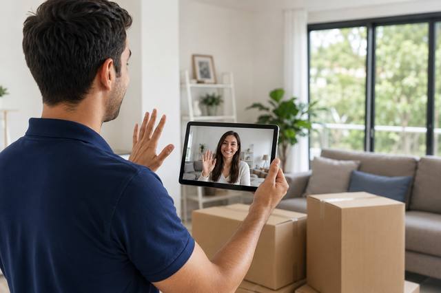 Person on a video call showing moving boxes for a remote on-site assessment